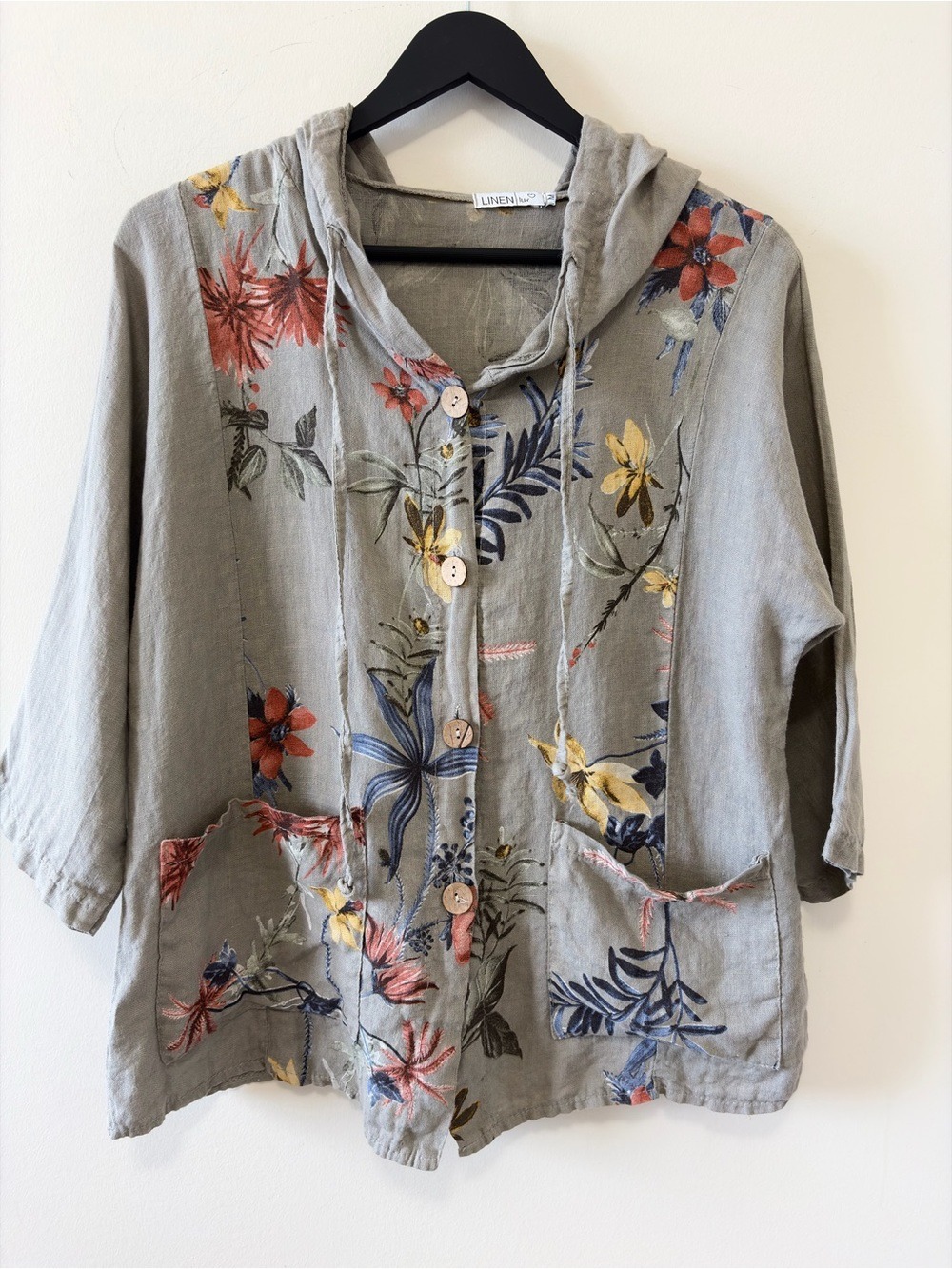 LINEN LUV 100% Linen Floral Hooded Jacket Shirt